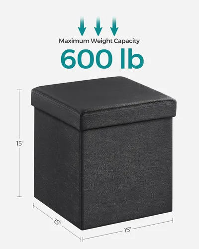Miniatura 3 de SONGMICS cubo de almacenamiento de piel sintética, asiento, 15 pulgadas, Madera, Negro