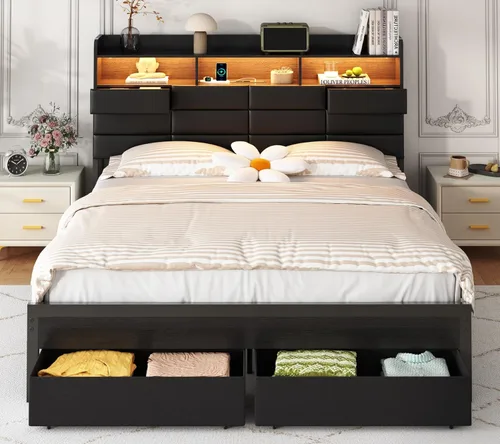 Miniatura 8 de Base de cama negra de tamaño completo con 2 cajones de almacenamiento y estación de carga, marco de cama tapizado con cabecero de piel sintética