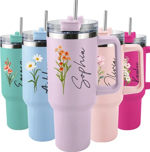 Miniatura 10 de Elemtansy Vaso personalizado de 40 onzas con asa y pajita, taza personalizada con nombre y flor de nacimiento, vaso de café de viaje de acero