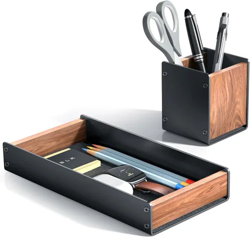 Miniatura 8 de UPERGO Bandeja Organizadora de Escritorio con Cajón para Oficina en Casa, Bandeja Organizadora de Escritorio de Nogal para Llaves, Bolígrafo, Reloj