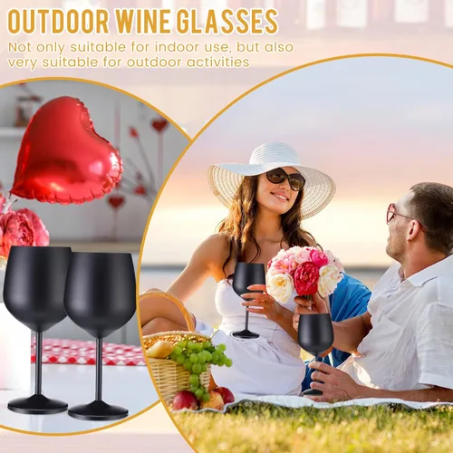 Miniatura 7 de Zopeal Juego de 2 copas de vino de acero inoxidable de 18 onzas, copas de vino irrompibles de metal para acampar al aire libre, viajes, picnic, Negro