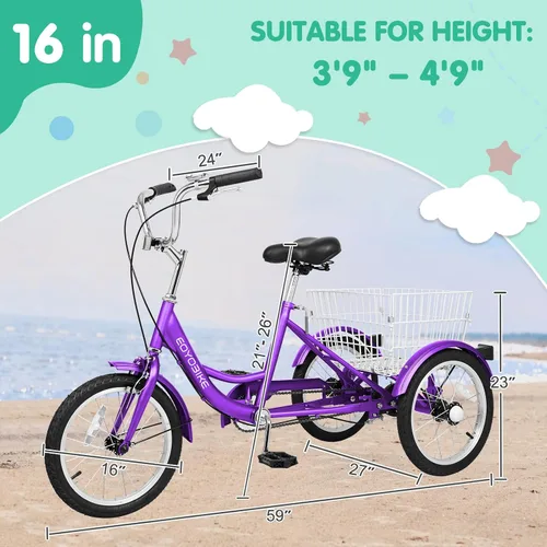 Miniatura 3 de LILYPELLE Triciclo triciclo de 16 pulgadas para principiantes y bicicletas de 3 ruedas de una sola velocidad, bicicletas de tres ruedas con cesta