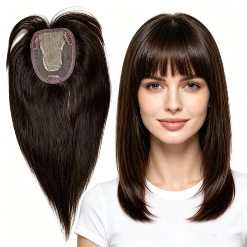 Miniatura 17 de Peluca de cabello humano para mujer con flequillo, peluca con clip para cabello fino + base de cuero cabelludo de poliuretano de alta densidad
