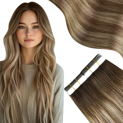 Miniatura 22 de Moresoo Extensiones adhesivas de cabello humano degradado, balayage, mezcla de marrón oscuro con extensiones de color marrón medio, extensiones