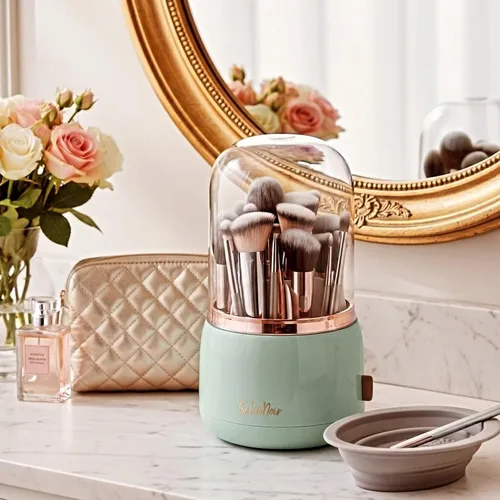 Soporte giratorio para brochas de maquillaje con tapa, organizador de tocador a prueba de polvo para brochas de maquillaje, cuenco limpiador de