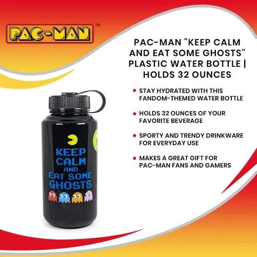 Miniatura 6 de JUST FUNKY Pac-Man Keep Calm And Eat Some Ghosts - Botella de agua de plástico grande sin BPA con tapa superior de rosca, hidratación para deportes
