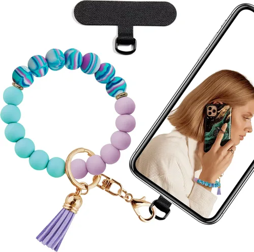 Miniatura 10 de Correa de muñeca de teléfono con cuentas de silicona, pulsera para teléfono con lengüeta de sujeción, pulsera manos libres para iPhone (negro)