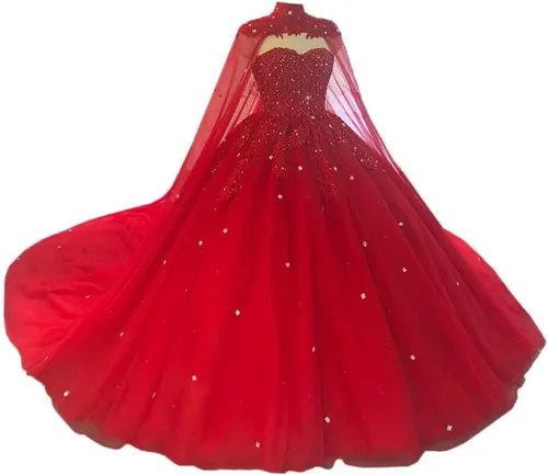 Vestidos de Quinceañera de Tul Abullonado para Mujer con Capa de Encaje con Lentejuelas Vestidos de Graduación Escote Corazón Vestido de Baile con