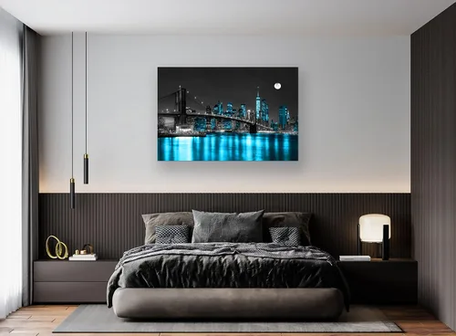 Miniatura 6 de Aibonnly Arte de Pared Pintura en Lienzo Negro, Blanco y Azul Puente de Brooklyn de Nueva York 1 Pieza Paisaje Urbano Nocturno Edificio Imagen