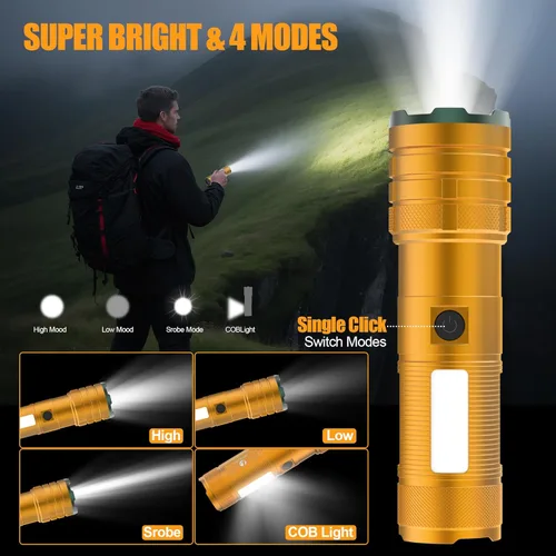 Miniatura 2 de Linternas recargables Limalnicy de alto lúmen 10000 de larga duración, 4 modos con luz COB lateral, súper brillante linterna LED con entrada