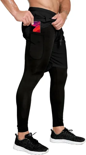 OEBLD Pantalones deportivos 2 en 1 para hombre, de secado rápido, pantalones cortos de entrenamiento para gimnasio, pantalones de compresión con