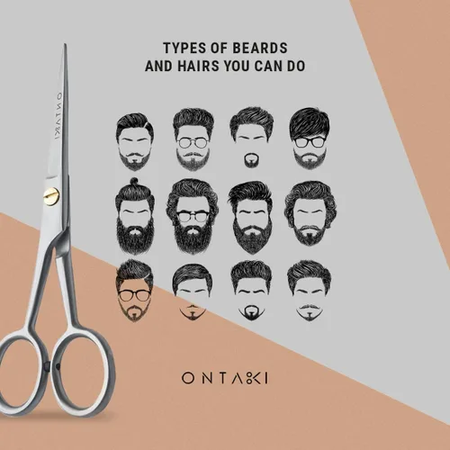 Miniatura 6 de Ontaki Tijeras para recortar barba y bigote, 5 pulgadas, color plateado, paquete de 1, kit de cuidado de bigote con peine de viaje, bolsa de viaje