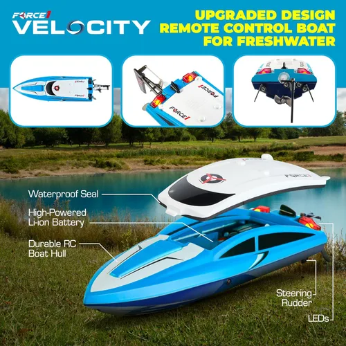 Miniatura 6 de Force1 Velocity Blue Fast RC Boat - Barcos de control remoto para adultos y niños, mini barcos RC de carreras de velocidad submarina para piscinas