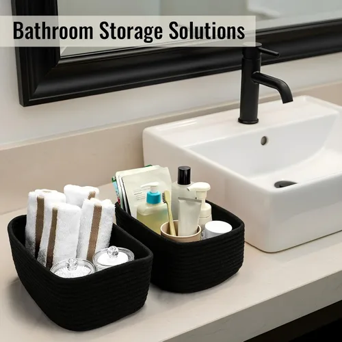 Miniatura 6 de Paquete de 8 cestas de almacenamiento pequeñas para organizar, cubos de cuerda tejida para baño, armario, organizador de estantes, bonita caja Negro