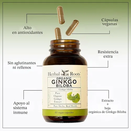 Miniatura 4 de Herbal Roots Ginkgo Biloba Orgánico Hecho con Hoja y Extracto de Ginkgo Orgánico Puro - 60 Cápsulas Veganas