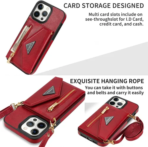 Miniatura 7 de Cartera con cremallera compatible con iPhone 14 Pro Max, funda cruzada con correa para mujer, tarjetero y cordón de 6.7 pulgadas, función atril