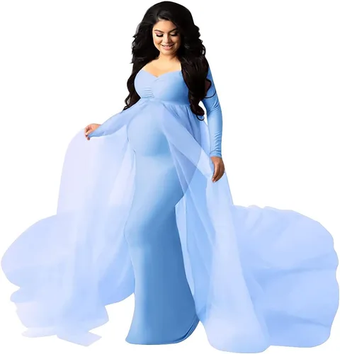 Vestido de maternidad de manga larga con hombros descubiertos para mujer, de tul elegante, ajustado, para baby shower, fotografía, maxi vestido para