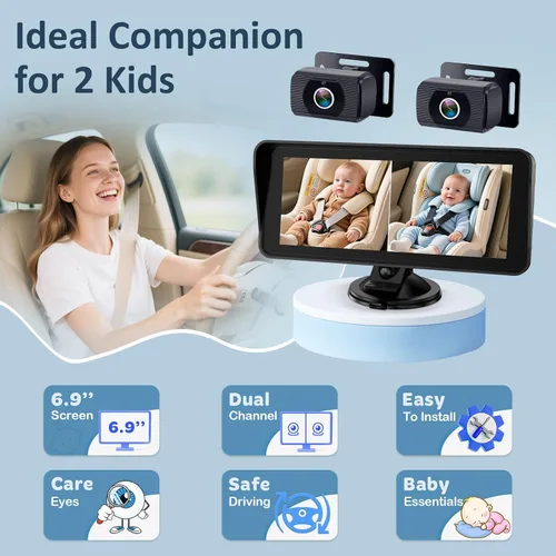 Miniatura 9 de Cámara de Coche para Niños de 2 Yakry para Asiento: Pantalla Ultrawide de 6.9 Pulgadas con Dos Cámaras Orientadas hacia Atrás - Cámara Trasera USB