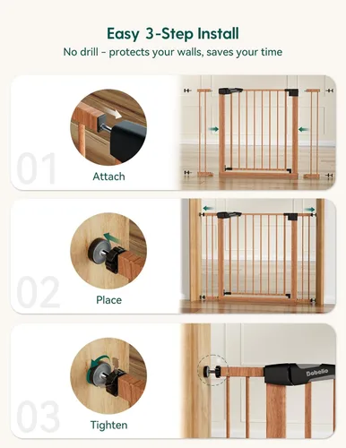 Miniatura 4 de Babelio Puerta de metal para bebés de 29 a 48 pulgadas con patrón de madera marrón, puerta de perro de cierre automático PressGuard P7 para la casa