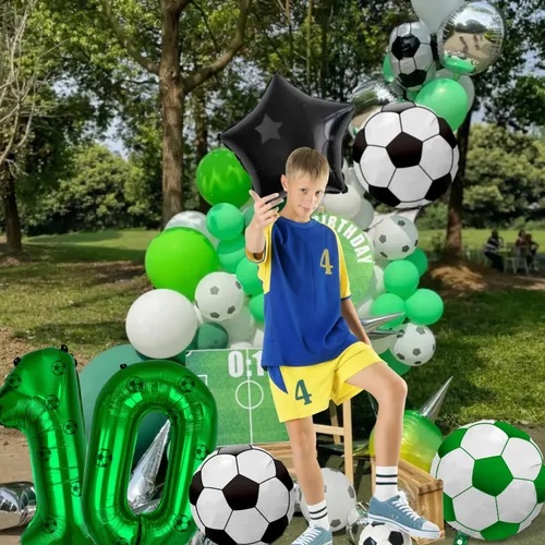 Miniatura 5 de Decoraciones de fiesta de fútbol, globos de papel de aluminio de fútbol, globos de aluminio número 10 para niños fanáticos del fútbol, fiesta