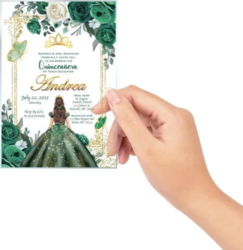Miniatura 8 de Avior Invitación de quinceañera Vestido verde esmeralda Invitación de vidrio acrílico, Mis Membrillo, Dulce 15, Dulce 16, Diseño floral, xv anos, 15