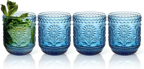 Topsky Juego de 4 vasos vintage de 12 onzas, vasos de vidrio azul, vasos de vino de colores para whisky, cerveza, jugo, cóctel, resistentes