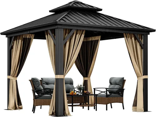 Miniatura 9 de DWVO Gazebo de techo rígido de 10 x 10 pies, techo doble con redes y cortinas, techo de rayas verticales de acero galvanizado resistente para patio