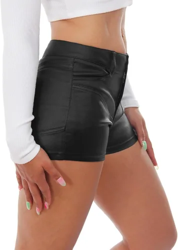 Miniatura 5 de RAMISU Pantalones cortos de mezclilla ajustados y elásticos para mujer, con aspecto de cuero, con bolsillos