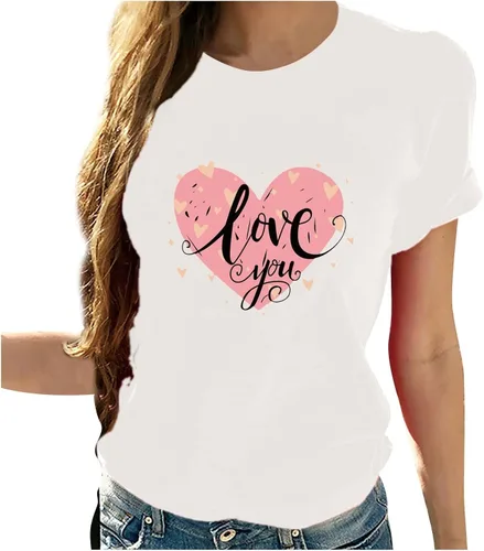 Miniatura 48 de Camisetas de manga corta con estampado de corazón para mujer, camisetas de ajuste regular, linda y divertida, ropa de regalo 2023