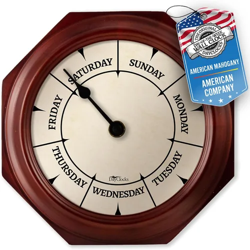 Reloj clásico del día de la semana con marco de madera maciza – Reloj de pared con calendario – Regalo de jubilación ideal para hombres y mujeres –