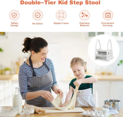 Miniatura 6 de Costzon Taburete para niños, escalera para entrenamiento de inodoro, encimera de cocina, baño, torre de dos escalones con diseño antideslizante, Gris