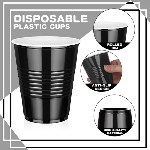 Miniatura 7 de Paquete de 100 vasos de plástico negros de 12 onzas, vasos desechables para fiestas, vasos de bebida resistentes, vasos de graduación para boda