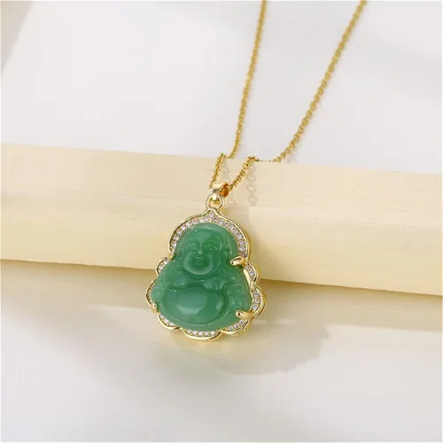 Miniatura 6 de Juego de 2 collares con dije de Buda de la suerte que ríe, cadena ajustable de eslabones de acero inoxidable, collar budista de cuentas de circonita