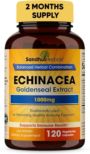 SANDHUHERBALS Echinacea Goldenseal 1000 mg 120 cápsulas | Apoyo del sistema inmunológico Respuesta respiratoria Suplemento de respuesta inflamatoria