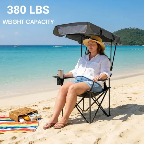 Miniatura 3 de FAIR WIND Silla de camping de gran tamaño con toldo ajustable de 380 libras de capacidad para personas pesadas, silla de playa plegable portátil