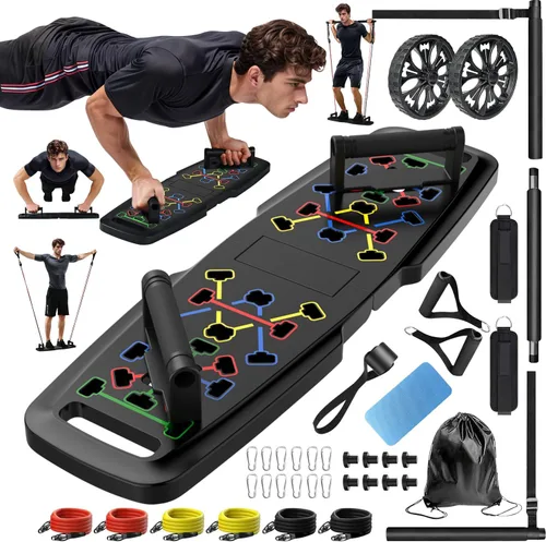 MQRW Push Up Board,Home Gym,Portable Exercise Equipment,Pilates Bar and 20 Fitness Accessories with Resistance Bands and Ab Roller Wheel,Full Body