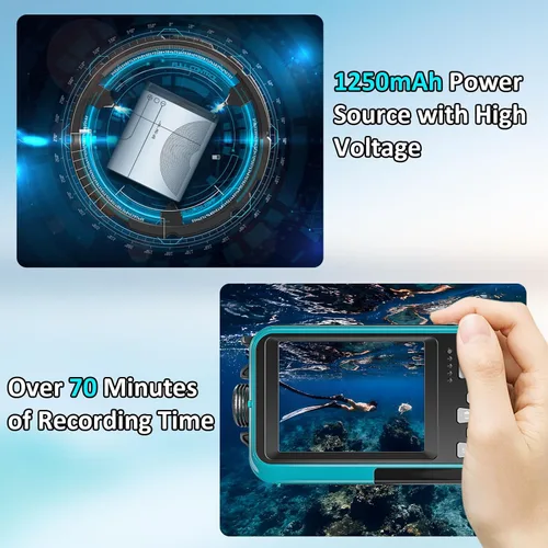 Miniatura 5 de Cámara subacuática 4K de 16 pies Cámara impermeable con tarjeta de 32 GB, enfoque automático de 64 MP, cámara submarina selfie de doble pantalla