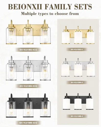 Miniatura 7 de Beionxii BX-VL01BG-3CG - Lámpara de tocador de baño, 3 lámparas doradas claras con pantalla de cristal transparente, accesorios de iluminación