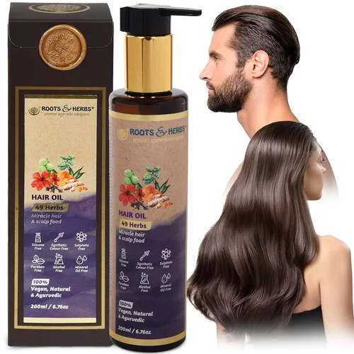 ROOTS AND HERBS Aceite ayurvédico – 49 hierbas con bhringraj, flor de hibisco, brahmi, jatamansi y trifala para cabello más fuerte, liso, ondulado y
