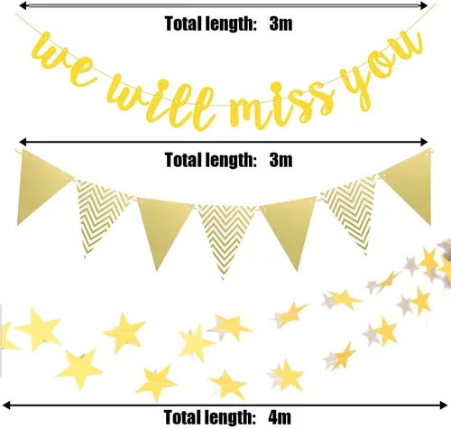 Miniatura 2 de Cartel de graduación con purpurina dorada con texto en inglés "We Will Miss You and Triangle", pancarta de estrella en espiral para decoración