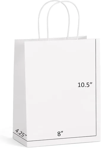 Eupako Bolsas de papel de 8 x 4.25 x 10.5 pulgadas, 100 bolsas de regalo blancas con asas, papel de estraza, recuerdo de fiesta, bolsas de mercancía