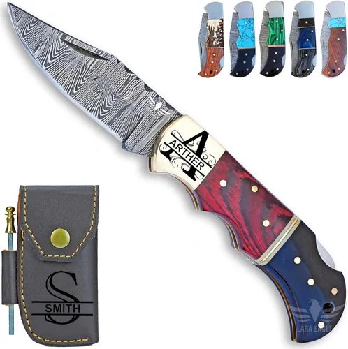 Miniatura 15 de Cuchillo de bolsillo de damasco personalizado para hombres - Cuchillo plegable de caza de acero sólido de 133 capas hecho a mano con afilador y azul