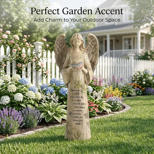 Miniatura 2 de Estatua de ángel de resina con pájaro, escultura de jardín al aire libre de 10 pulgadas para patio y césped, regalo conmemorativo impermeable