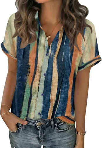 Miniatura 20 de Zeagoo Blusas de verano de manga corta para mujer, camisas casuales con botones, blusas de trabajo de negocios sólidas/a rayas