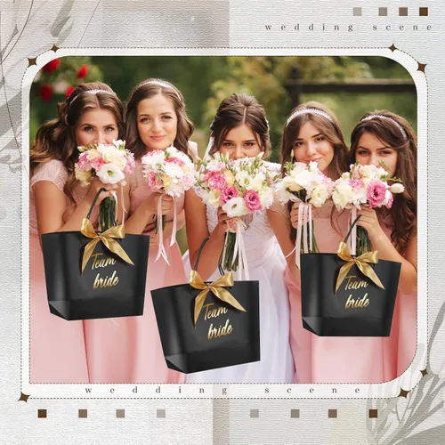 Miniatura 5 de Tenceur 16 bolsas de regalo de novia con lazo para dama de honor, bolsas de papel con asa, color negro para despedidas de soltera, bodas, despedidas