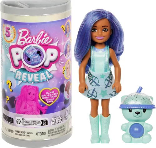Barbie Chelsea Pop Reveal Bubble Tea Series Set con paquete temático y 5 sorpresas, incluyendo muñeca pequeña perfumada y mascota Pop-It (los