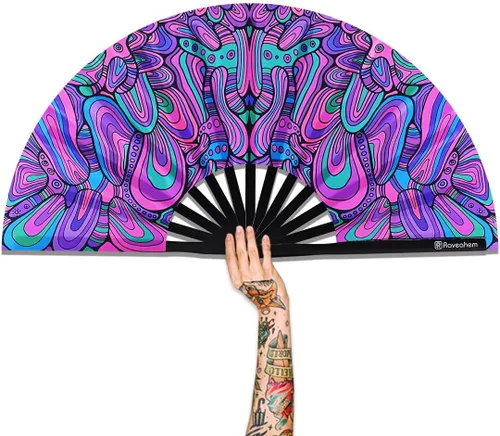 Miniatura 17 de Ventilador plegable grande, ventilador Clack Rave de 13 pulgadas, ventilador de mano para mujeres y hombres con tela de satén de alta calidad, marco