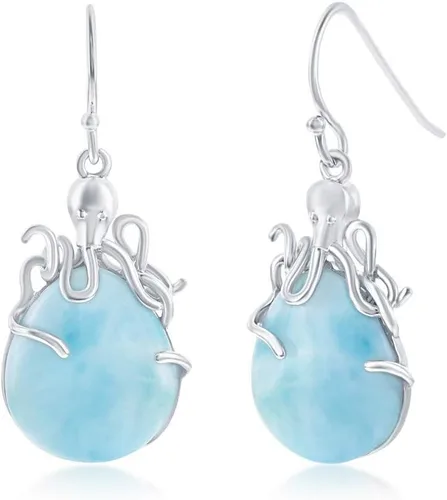 Miniatura 10 de Beaux Bijoux Aretes de plata de ley azul larimar para mujer, joyería natural de larimar, diseño de animales marinos, pez de pulpo de tortuga