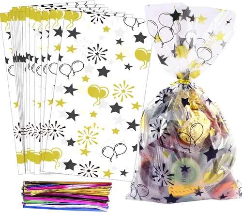 Miniatura 40 de 100 bolsas de regalo de celofán con estampado de estrellas, de 6 x 10 pulgadas, bolsas de regalo de celofán, bolsas de regalo de fiesta, bolsas