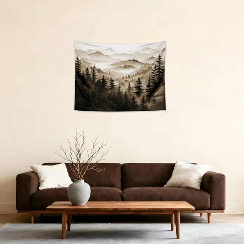 Miniatura 26 de QGHOT Tapiz de bosque brumoso, tapiz de montaña natural para colgar en la pared, paisaje de acuarela verde salvia, arte de pared para dormitorio